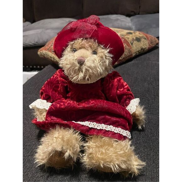 Russ Berrie Red Tan White Alexandra Velvet Dress Stuffed Teddy Bear Plush 12" - Picture 11 of 15